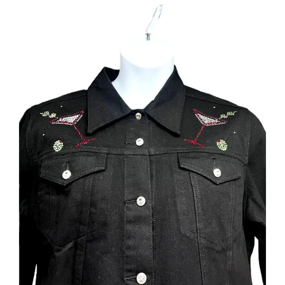 Christine Alexander Embellished Black Denim Bling Button Up Jacket XL Cocktails - Picture 4 of 9